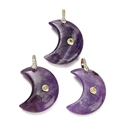 Améthyste Pendentifs en pierre améthyste naturel, charmes lune, avec des pierres précieuses en laiton pavées de zircone cubique, or, 28~30x24.5~25.5x8~9mm, Trou: 5.5x6mm