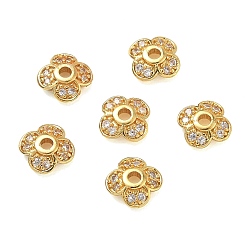 Golden Brass Micro Pave Cubic Zirconia Bead Caps, Flower, Rack Plating, Long-Lasting Plated, Cadmium Free & Lead Free, Golden, 8.2x8.2x2.6mm, Hole: 1.8mm