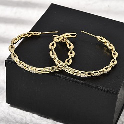 Настоящее золото 18K Серьги-гвоздики в форме буквы С из латуни с прозрачным кубическим цирконием, без кадмия и без свинца, долговечный, стойки покрытие, цепочка-оберег, реальный 18 k позолоченный, 45x3.7 мм