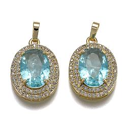 Голубой Позолоченная латунь с микропаве из прозрачного кубического циркония, со стеклом, с кнопкой на поруки, долговечный, овальные, голубой, 22.5x16x7 мм, отверстие : 3x5 мм