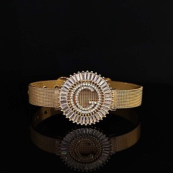 Letter G Латунные браслеты с микропаве из прозрачных кубических цирконий для женщин, плоские круглые с буквы, реальный 18 k позолоченный, Буква G, 8-1/4 дюйм (21 см)