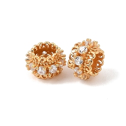 Real 18K Gold Plated 925 Sterling Silver Pave Clear Cubic Zirconia Spacer Beads, Rack Plating, Long-Lasting Plated, Flower, Real 18K Gold Plated, 9x6mm, Hole: 2.5mm