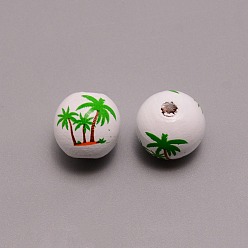 Weiß Sprühlackierte Naturholzperlen, rund mit grünem Kokospalmenmuster, weiß, 15.5 mm, Bohrung: 3.5 mm