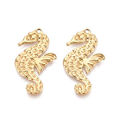 Настоящее золото 18K 304 подвески из нержавеющей стали в виде морских коньков, ионное покрытие (ip), реальный 18 k позолоченный, 38x21x2 мм, отверстие : 1.8~2 мм