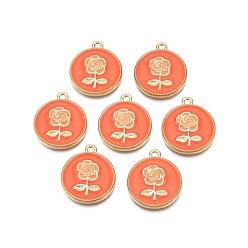 Темно-Оранжевый Стойки подвески обшивки сплава, с эмалью, без кадмия и без свинца, плоско-круглые с розой , золотой свет, темно-оранжевый, 20.5x18x2 мм, отверстие : 1.6 мм