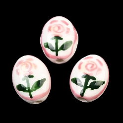 Pink Фарфоровые бусины ручной работы, овальный и цветок, ручная роспись, пастельный фарфор, розовые, 15.5x12x8 мм, отверстие : 2 мм