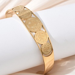Golden Religion 201 Stainless Steel Saint Benedict Hollow Open Cuff Bangles, Golden, Inner Diameter: 2.72 inch(6.9cm)