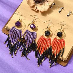 Mixed Color Glass Seed Tassel Earring for Women, Skull, Dyed Synthetic Turquoise & Brass Dangle Earrings, Mixed Color, 95x30mm, 2 Pairs/Set