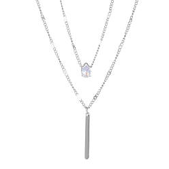 Platinum Alloy Link Chains Double Layered Necklaces, with Cubic Zirconia Teardrop Pendant, Platinum, 16.54 inch(42cm)