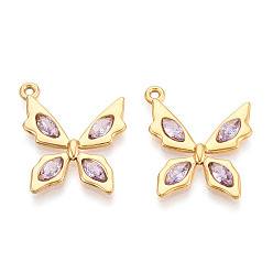 Сливовый 304 подвески из нержавеющей стали с кубическим цирконием, бабочка, ионное покрытие (ip), реальный 18 k позолоченный, слива, 24x21x2.1 мм, отверстие : 1.2 мм