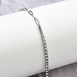 Кристалл 304 Браслеты из нержавеющей стали в виде цепочки из скрепки и цепочки со стразами для женщин, квадратный, цвет нержавеющей стали, кристалл, внутренний диаметр: 6.50 дюйм (16.5 см)