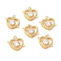 Golden Brass Micro Pave Clear Cubic Zirconia Pendants, Long-Lasting Plated, Heart with Arrow, Golden, 16x21x6mm, Hole: 4mm, Ring: 5x1mm