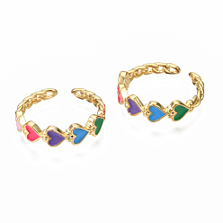 Mixed Color Brass Enamel Cuff Rings, Open Rings, Nickel Free, Curb Chain, Heart, Real 16K Gold Plated, Mixed Color, US Size 8 1/2(18.5mm)