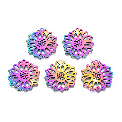 Rainbow Color Ion Plating(IP) 201 Stainless Steel Pendants, Flower, Rainbow Color, 26x25x1.5mm, Hole: 1.2mm