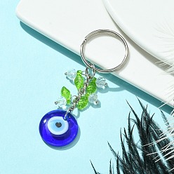 Blue Flat Round with Evil Eye Lampwork Pendant Keychain, with Acrylic Leaf Charm and Iron Split Rings, Blue, 7.4cm