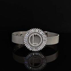 Letter L Латунные браслеты с микропаве из прозрачных кубических цирконий для женщин, плоские круглые с буквы, реальный 18 k позолоченный, Письмо L, 8-1/4 дюйм (21 см)