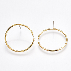 Настоящее золото 18K Изделия из латуни, серьги-кольца, без никеля , реальный 18 k позолоченный, 29x29 мм, штифты : 0.8 мм