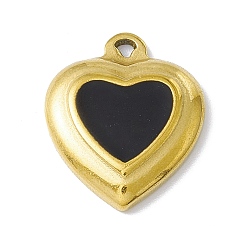 Schwarz 304 Edelstahl Anhänger, mit Emaille, Herz, Schwarz, 18x15x3.5 mm, Bohrung: 1.4 mm