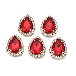 Red Sew on Rhinestone, Transparent Glass Rhinestone, with Brass Prong Settings, Faceted, Teardrop, Red, 23x17.5x6.5mm, Hole: 0.9mm