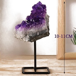 Аметист Натуральный аметист украшение дисплея, с железной подставкой для демонстрации, украшение для рабочего стола по фэн-шуй для домашнего офиса, самородки, 100~110 мм