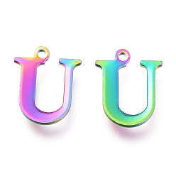 Letter U Ионное покрытие (ip) 304 брелоки из нержавеющей стали, лазерная резка, алфавит, Радуга цветов, letter.u, 12x10x0.8 мм, отверстие : 1 мм