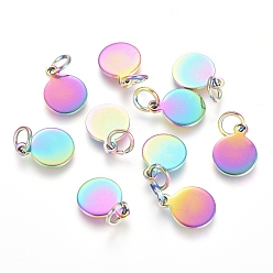 Rainbow Color Ионное покрытие (ip) 304 брелоки из нержавеющей стали, штамповка пустой метки, с прыжковых колец, плоско-круглые, Радуга цветов, 10.5x8x0.8 мм, отверстие : 3.5 мм