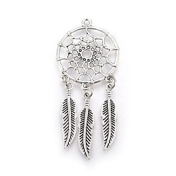 Antique Silver Tibetan Style Alloy Big Pendants, Woven Net/Web with Feather, Antique Silver, 65~66x28.5x1.5mm, Hole: 1.5mm