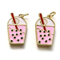 Pink Латунь эмаль подвески, долговечный, реальный 18 k позолоченный, с целью перехода в кольце, форма пузырькового чая, розовые, 20x12x2.2 мм, отверстие : 3.2 мм