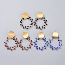 Mixed Color Dangle Stud Earrings, with 304 Stainless Steel Stud Earrings Findings, Brass Linking Rings, Glass Beads and Earring Backs, Golden, Mixed Color, 54~55mm, Pin: 0.7mm