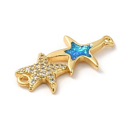 Real 18K Gold Plated Rack Plating Brass Micro Pave Clear Cubic Zirconia Connector Charms, Star Links with Synthetic Opal, Lead Free & Cadmium Free, Long-Lasting Plated, Real 18K Gold Plated, 28.5x13.5x3.1mm, Hole: 1.4mm