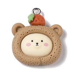 Медведь Непрозрачные подвески смолы, мультяшные подвески с железными петлями с платиновым покрытием, мишка с клубникой, 25.5x22x7 мм, отверстие : 2 мм