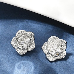 Платина Серьги-гвоздики из латуни с микро-паве и прозрачным фианитом, долговечный, без кадмия и без свинца, стойки покрытие, платина, 14.5x15 мм