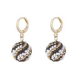 Black Handmade MIYUKI Japanese Seed Braided Round Ball Dangle Leverback Earrings, Real 18K Gold Plated Brass Jewelry for Women, Black, 31.5~32mm, Pin: 1mm