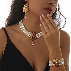 Розовый Ожерелье с подвеской из сплава со стеклянными стразами в форме капли, серьги-гвоздики и браслет, золотые, светло-розовый, 400 мм