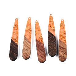 Light Salmon Transparent Resin & Walnut Wood Pendants, with Gold Foil, Teardrop, Light Salmon, 44x7.5x3mm, Hole: 1.5mm