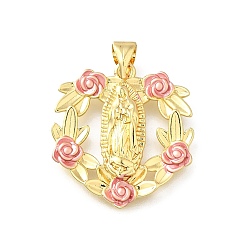 Фламинго Латунь эмаль подвески, Дева Мария с цветочным амулетом, стойки покрытие, долговечный, без свинца и без кадмия, реальный 18 k позолоченный, фламинго, 22.5x21.5x3.5 мм, отверстие : 4.5x3.5 мм