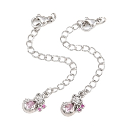 Platinum Brass Curb Chain Extender, End Chains with Lobster Claw Clasps and Lucky Bag Cubic Zirconia Charms, Platinum, 76.5mm, Hole: 2.4mm