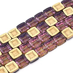 Фламинго Гальванизируйте прозрачное стекло бисер нитей, квадратные с цветком, с половиным покрытием, фламинго, 11x11x4 мм, отверстие : 1 мм, около 59~61 шт / нитка, 25.59~26.38 дюйм (65~67 см)