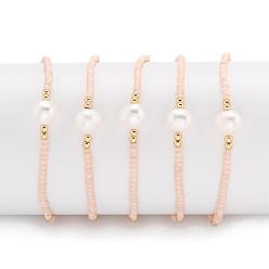 Misty Rose Adjustable Nylon Cord Braided Bead Bracelets, with Japanese Seed Beads and Pearl, Misty Rose, 2 inch~2-3/4 inch(5~7.1cm)