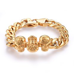 Golden Ion Plating(IP) 304 Stainless Steel Link Bracelets, with Lobster Claw Clasps, Skull, Golden, 8-5/8 inch(22cm), 13x5.5mm