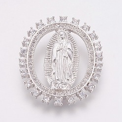 Платина Латунные микро проложить кубического циркония подвески, плоские круглые с девственницей, платина, 30.5x26x2 мм, отверстие : 1x1.5 мм