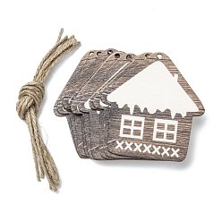 Coconut Brown Christmas Themed Wood Big Pendant Decorations, with Hemp Rope, House, Coffee, 90x87x2mm, Hole: 4mm, Rope: 220mm, 10pcs/bag