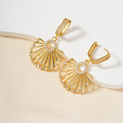 Золотой Модные полые веерные серьги-кольца из латуни с прозрачным кубическим цирконием, золотые, 40x21 мм