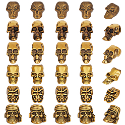Antique Golden 30Pcs 6 Styles Tibetan Style Alloy European Beads, Large Hole Beads, Skull, Antique Golden, 14.5~20.5x10.5~14.5x8.5~12mm, Hole: 4.5~6.5mm, 5pcs/style