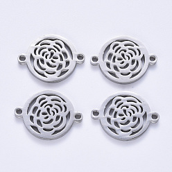 Stainless Steel Color Tarnish Resistant 201 Stainless Steel Links Connectors, Laser Cut, Flat Round with Rose Flower, Stainless Steel Color, 15x20x1.5mm, Hole: 1.6mm