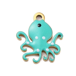 Бирюза Ионное покрытие (ip) 201 брелоки из нержавеющей стали, с эмалью, реальный 18 k позолоченный, морское животное, очарование осьминога, бирюзовые, 13.5x12x1.5 мм, отверстие : 1.4 мм