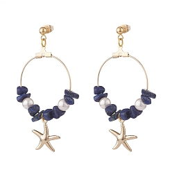 Lapis Lazuli Natural Lapis Lazuli Chip Beads Dangle Stud Earrings, Rround Shell Pearl Beaded Ring with Starfish Long Drop Earrings for Women, Golden, 60mm, Pin: 0.7mm, Beads: 7~12x5~10.5x2~6mm, Star: 17.5x15x2mm