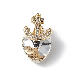 Clear Real 18K Gold Plated Rack Plating Brass Micro Pave Clear Cubic Zirconia Pendants, with Glass, Long-Lasting Plated, Cadmium Free & Lead Free, Boat Anchor & Heart Charm, Clear, 20x12x9mm, Hole: 6x2.5mm