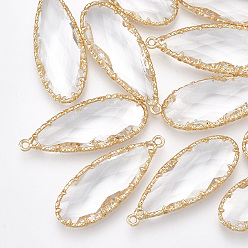 Прозрачный Стеклянные подвески, с латунной фурнитурой , граненые, слеза, золотые, прозрачные, 36.5x14x6 мм, отверстие : 1.4 мм