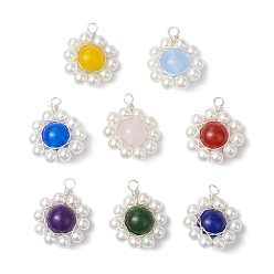 Серебро Подвески из натурального малайзийского нефрита, обвитого медной проволокой, подвески-цветы с пластиковыми жемчужинами, разноцветные, серебряные, 20x17x8 мм, отверстие : 2 мм